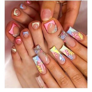 Square Press on false nails  & Press on Toenails Set, French Tip Nails Flower